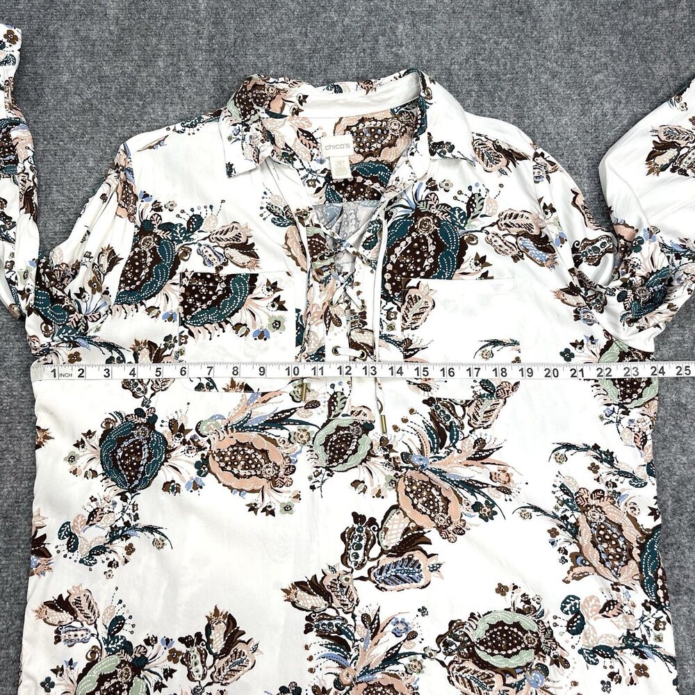 Chicos Top Womens Size Petite XL Soft White Floral Grommet Lace Up Long Sleeve - Picture 6 of 11